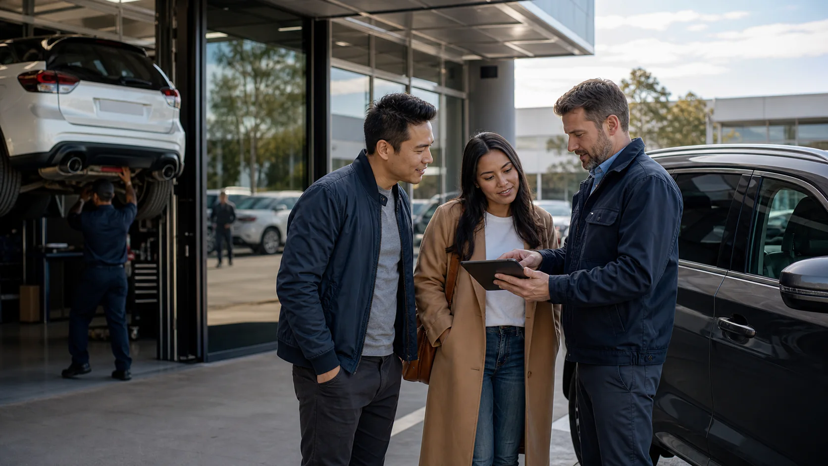Customers and an adviser in an automotive dealership