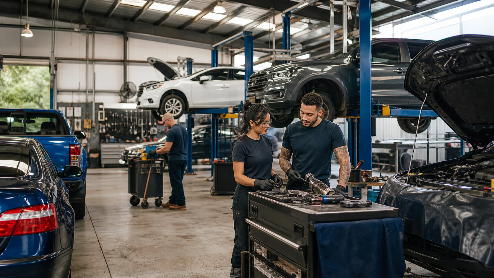 Technicians working across the bays of an independent automotive workshop